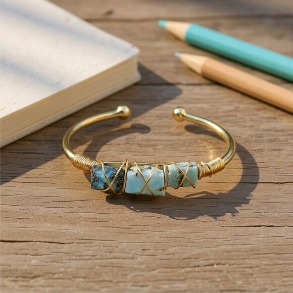 Hand Crafted Jewelry - Larimar Wire Wrap Cuff – 14Kt Gold Over Copper – Ocean Calm & Peace Talisman